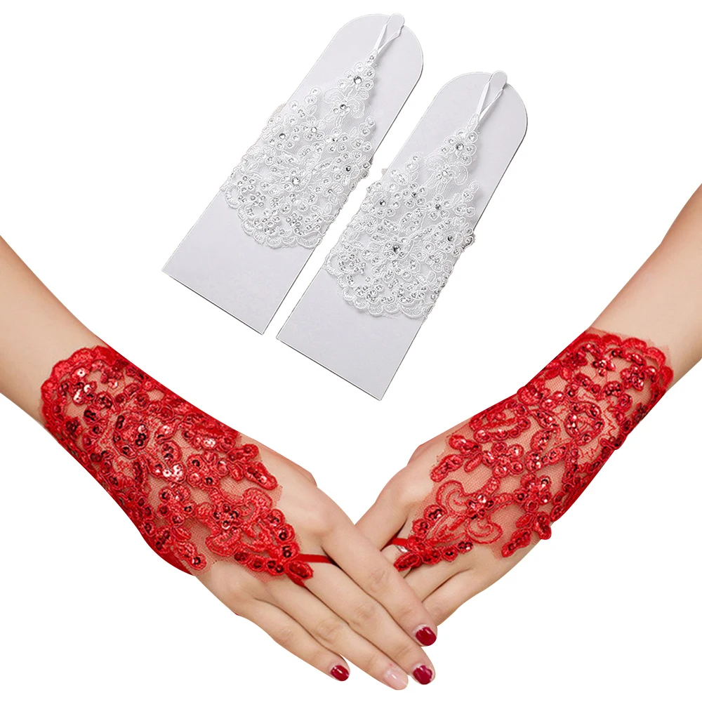 Crystal Romantic Floral Beaded Lace Fingerless Gloves Short Wedding Party Evening Bridal Gloves Accessories White Red Lace Up