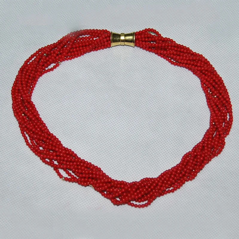 18 inches 4mm 12 Rows Golden Spacer Beads &Red Natural Coral Necklace with Magnet Clasp