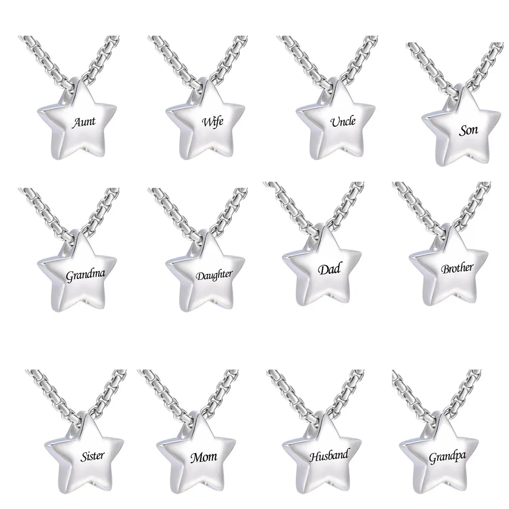 JJ001  Engravable Mom/Dad/Son/Grandpa/Grandma Little Star Memorial Urn Necklace Hold Ashes For Loved Ones Keepsake