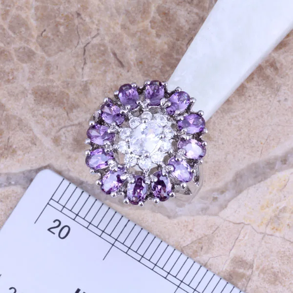 Superb Purple Cubic Zirconia Silver Plated Jewelry Sets Earrings Pendant Ring Size 6 / 7 / 8 / 9 / 10 Free Gift Bag S0427