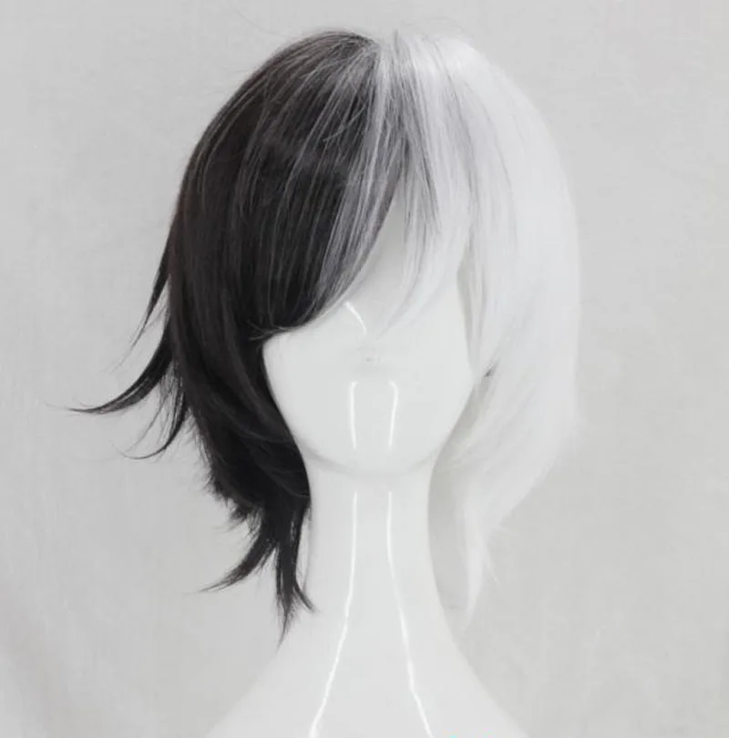 

12" Bungo Stray Dogs Kyuusaku Yumeno Dangan ronpa Monokuma Short Black White Synthetic Cosplay Hair Wigs Heat Resistance+Hairnet