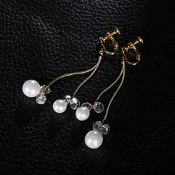 Grace Jun High-grade Pearls Cubic Zircon Long Tassel Clip on Earrings Without Piercing for Women Elegant Jewelry Ear Clip Bijoux