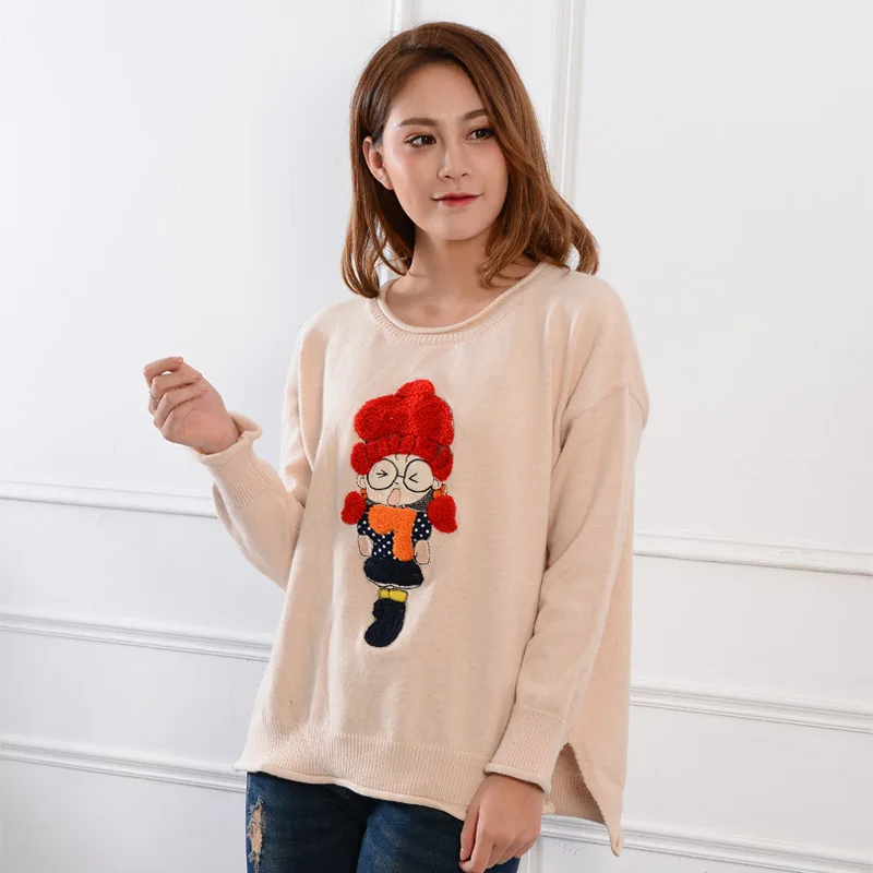 

Autumn Winter Women's Knitted Sweater Fashion Cartoon Embroidered Round Collar Long Sleeve Sweaters Girl Sweet Jumper Top H9206