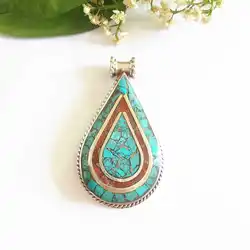 TBP602 Tibetan Jewelry Pendants White Metal Copper Inlaid Colorful Stone Big Waterdrop Pendant from Nepal