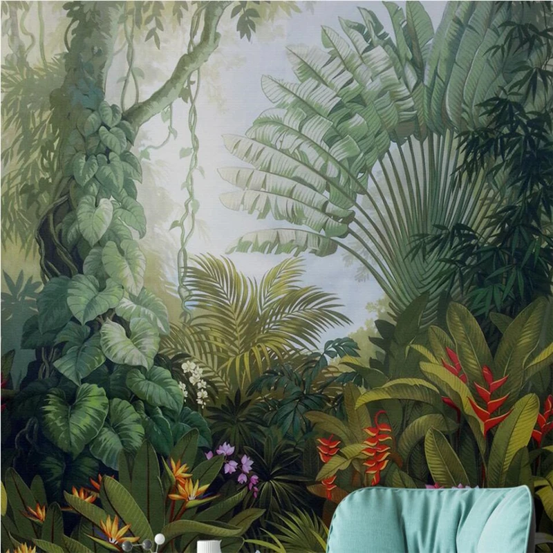 

beibehang Century hand - painted tropical rain forest plant landscape backdrop custom large - scale fresco green wallpaper