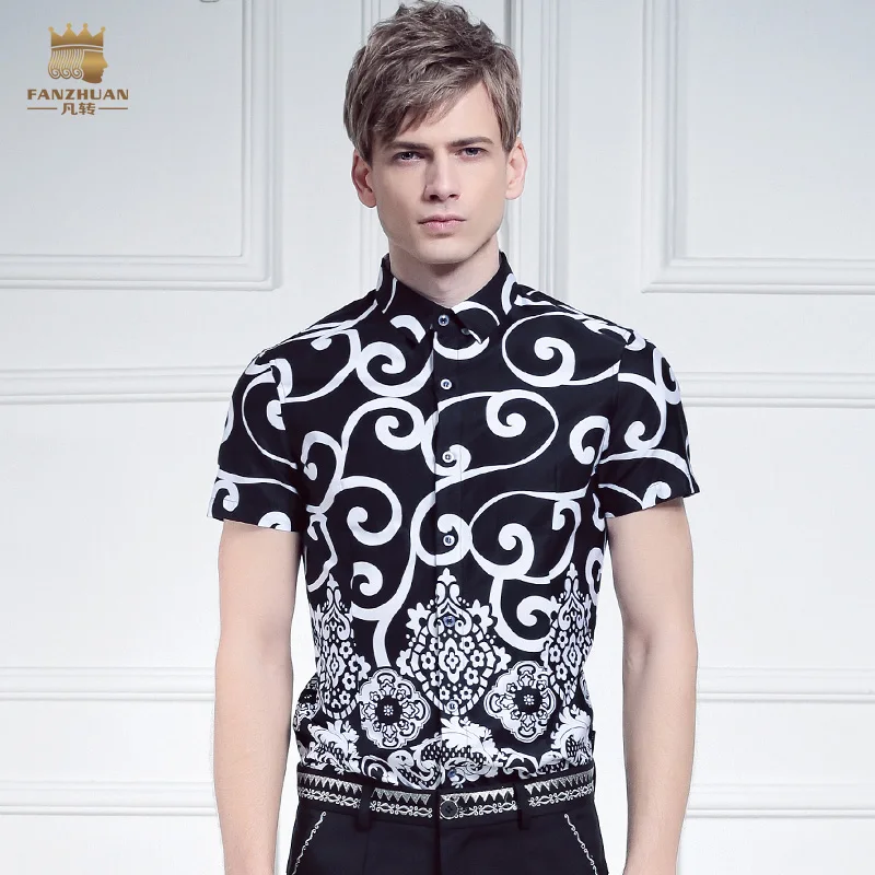 

Free shipping fanzhuan men's male casual fashion short sleeved cotton shirt slim volume grass grain black white printing 612051