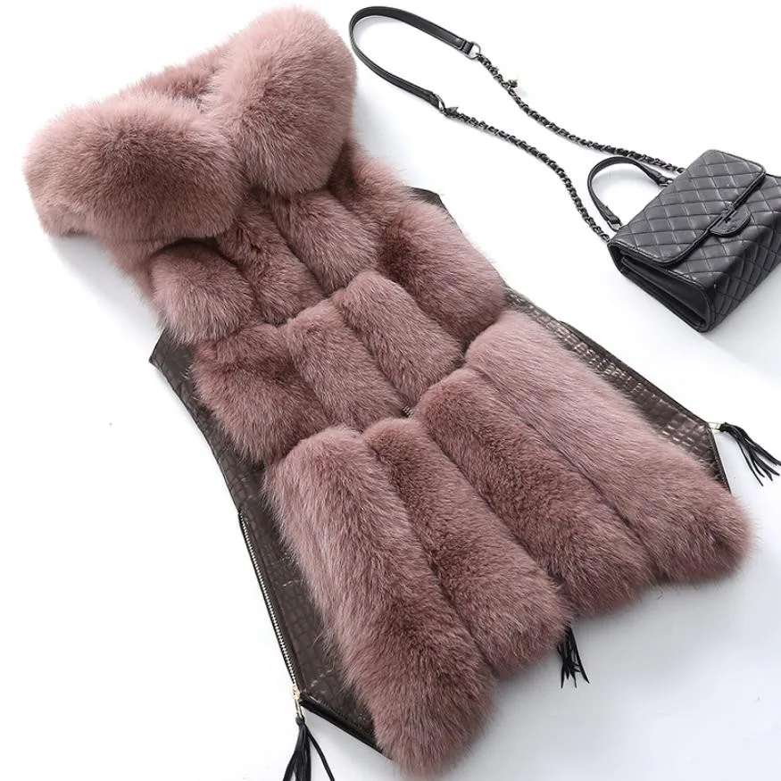 Winter Women\'s fur Jacket Faux Fox Fur Vest Fashion Hooded Fur Waistcoat Side Zipper stitching leather Warm Outwear wq809w