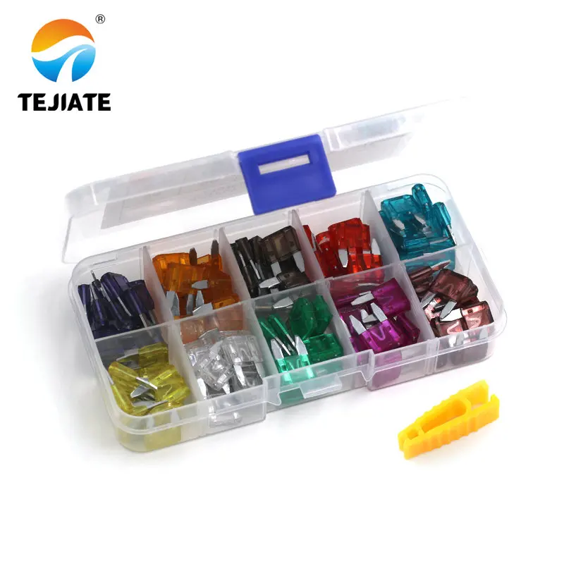 100 Pz/lotto di Piccola Dimensione Mini Lama Fusibili 3A, 5A, 7.5A, 10A, 15A, 20A, 25A, 30A, 35A, 40AMP Scatola di Plastica Assortimento con Il Supporto Della Clip Elettrico