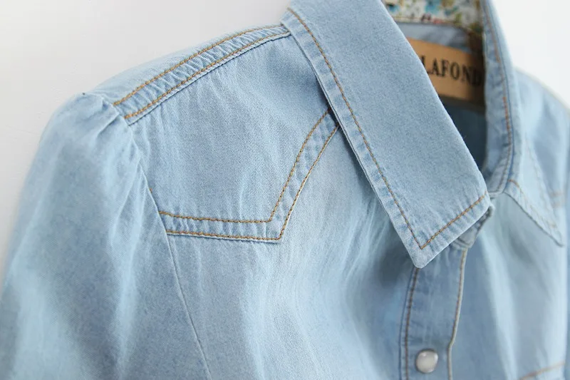 Delle Donne del cotone Del Manicotto Del Bicchierino Blu Camicia di Jeans Nuovo 2019 di Modo di Estate Delle Signore Camicia di Jeans Con Petto Tasche Con Patta Legame di Farfalla 1669