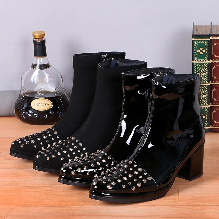 Men Ankle Boots High Heel 8CM Height Increasing Studded Cowboy Boots Patent Leather Pointy Military Black Work Boots