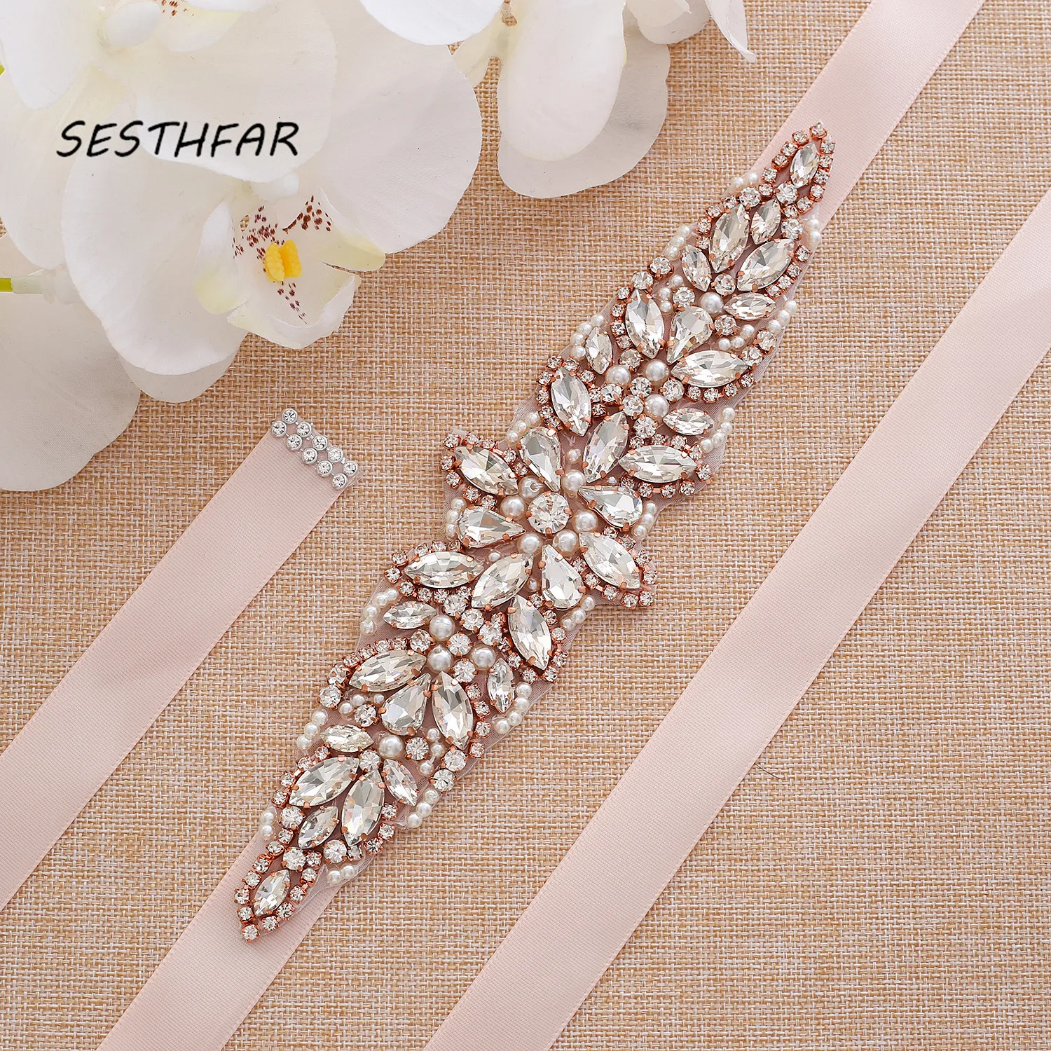 SESTHFAR Rhinestones Bridal Belt Handmade Pearls Belt Rose Gold Rhinestones Wedding Belt For Wedding Dress