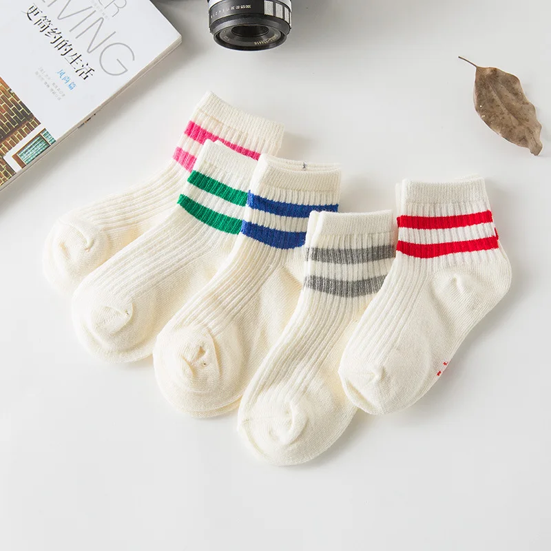 Cotton Children Socks Kids Socks Stripe Boys Girls White School Socks Sport Basketball Athletic Meias Coloured 2 Stripes 1-8 Y