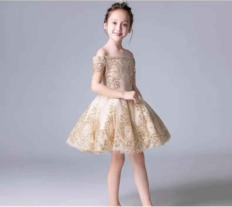 Glizt Gold Tulle Sequin Girls Summer Dress Strapless Flower Girl Dress for Wedding Party Pageant Princess First Communion Gowns