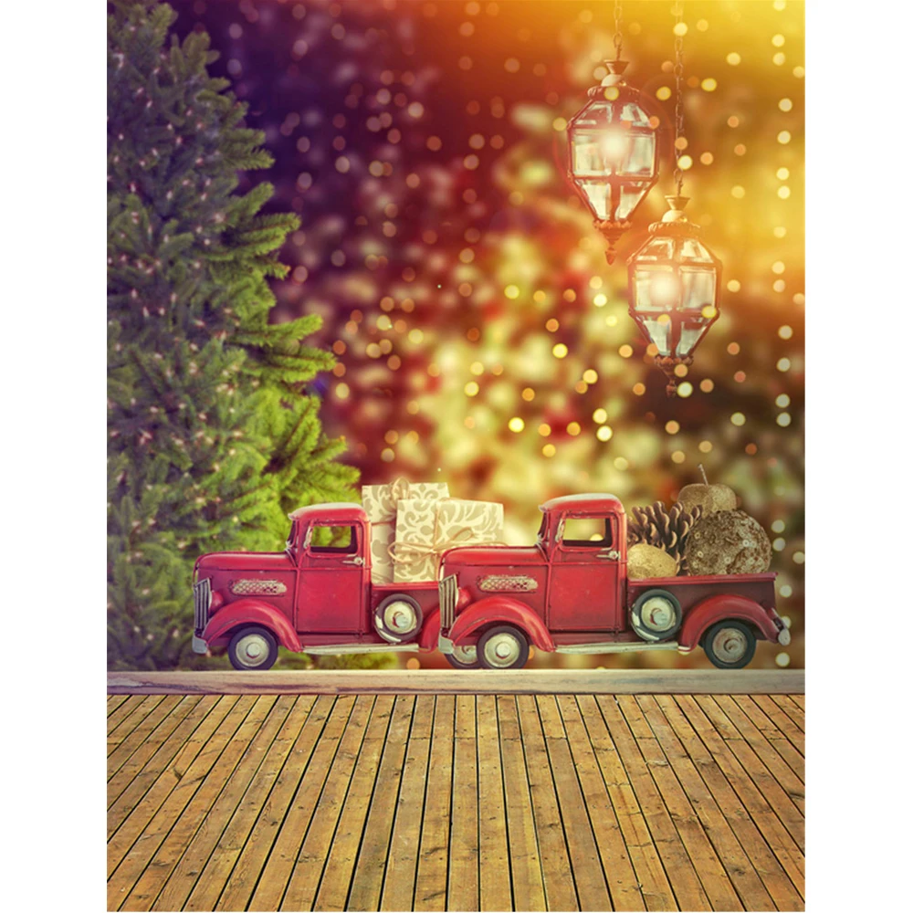 

Bokeh Polka Dots Christmas Background Wood Floor Printed Lanterns Green Pine Tree Red Cars Presents Kids Photo Studio Backdrops