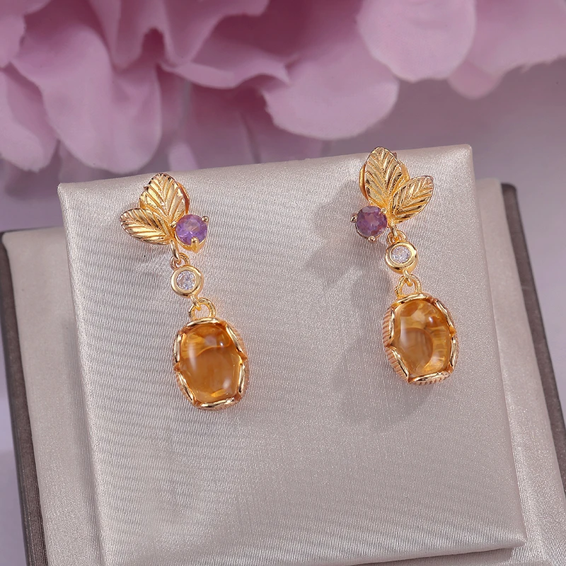 

Fine Jewelry 100% Silver Sterling Drop Earrings Citrine Natural 18K Gold Plated For Women Oval Gemstone Classic Brincos CCEI007