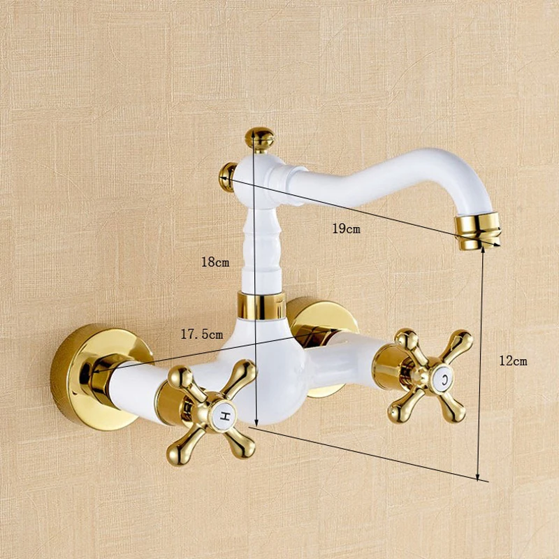 Grilled White Paint with Golden Plated hot and cold water tap Bathroom copper faucet wall mounte Dual Holder mixer taps W3012