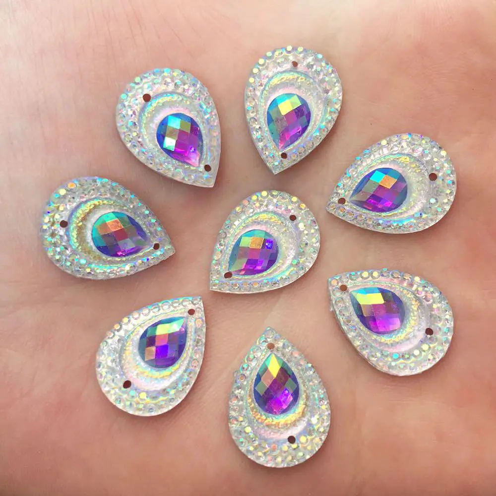 DIY 40PCS 13mm*18mm AB Resin Peacock Drop Flatback Rhinestone Wedding 2 Hole Crafts R35