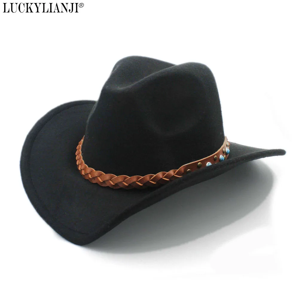 

LUCKYLIANJI Wool Felt Western Cowboy Hat For Women Men Wide Brim Cowgirl Turquoise Braid Leather Band (54-57-61cm))