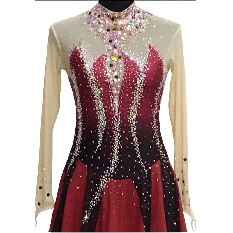 

RUBU Gymnastics Leotard Womens Girls Ice Skating Dance Costume Figure Skating Dresses Performance Diamond for Kids Long Sleeve