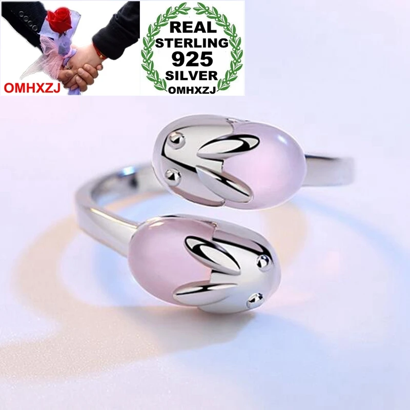 

OMHXZJ Wholesale Simple Fashion Lovely Rabbit Rose Quartz OL Gift 925 Sterling Silver Female For Woman Girl Resizable Ring RG44