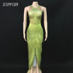 New design Neon Green Fringes Long Dress Big Stretch One Piece Tassel Dance Outfit Wear Nightclub Show Birthday Celebrate Dress