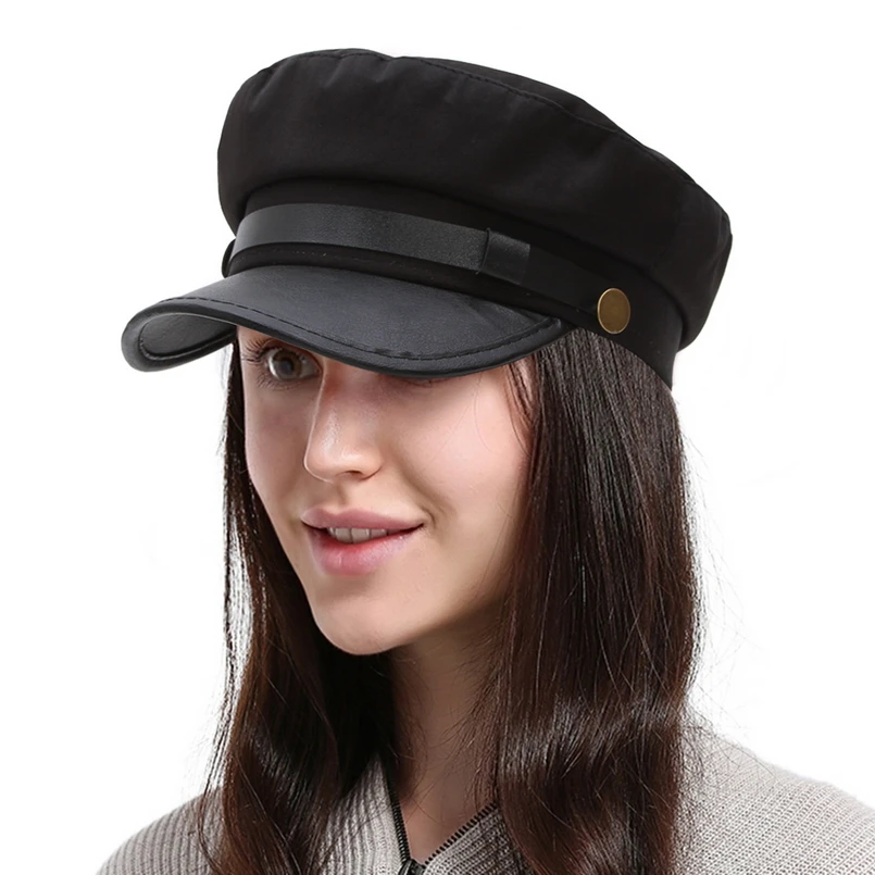 GEMVIE New Fashion Unisex Baker Cap for Women Spring Autumn Newsboy Cap PU Leather Military Hat Female Travel Student Hat