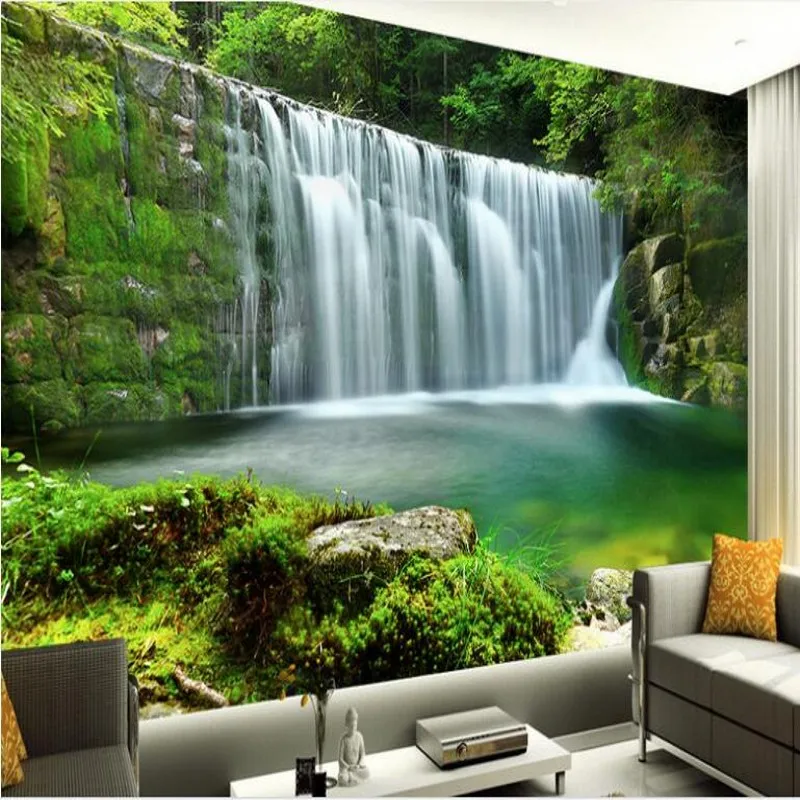 

wellyu Custom large - scale murals high - definition aesthetic green forest waterfall TV backdrop wallpaper papel de parede