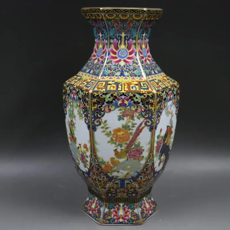 Qing Qianlong Enamel Colorful Flowers and Birds Hexagonal Vase Antique Home Decoration Porcelain Decoration Antique Collection