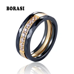 3pcs/Set New Hot Black Pink White Ceramic Rings Stainless Steel Ceramic Three Lines Wedding Ring With Crystal Jewelry For Women