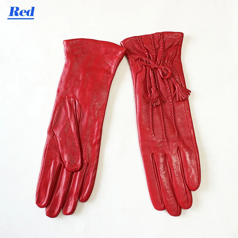 Guantes de piel de oveja para mujer, longitud media, estilo a rayas, forro de terciopelo, cálidos para otoño e invierno, guantes de dedo de cuero