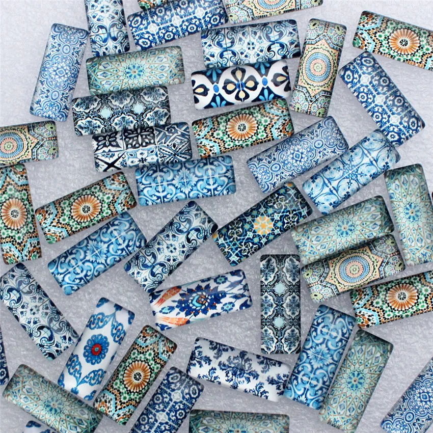 10x25mm Random Mixed Blue and white Porcelain Rectangle Glass Cabochon Dome Flatback Photo DIY Accessories 10pcs/lot K06035