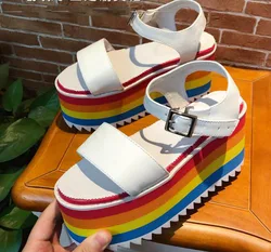 Carpaton lato najnowszy Rainbow platformy sandały na koturnie Sexy Peep Toe Strap kostki kobieta buty skórzane sukienka obcasy