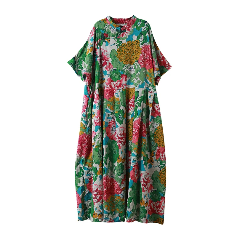

LZJN-Women's Summer Maxi Dress, Half Sleeve, Mandarin Collar, Mori Girl, Casual Vintage Robe, Loose Vestidos, Plus Size