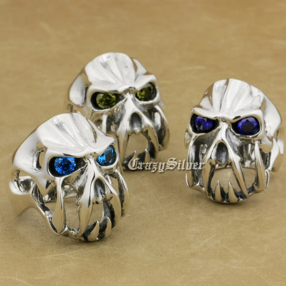 CZ Eyes 925 Sterling Silver Tiger Tooth Devil Alien Skull Ring Mens Biker Rocker Punk Ring 8VX04 US Size 8 to 15