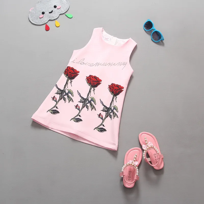 Girls Birthday Party Dress Fashion Rose Printing Children Costumes For Girls Brand Kids Dresses Princess Girls Party Dress