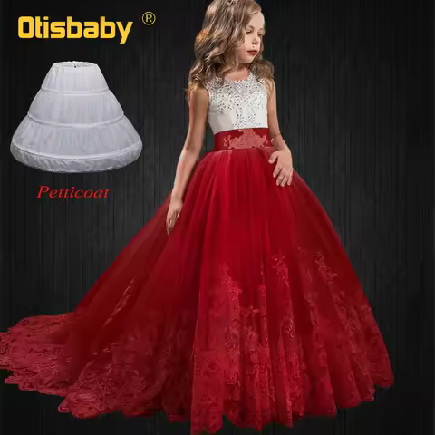 Kids Elegant Red Dresses for Girls Long Tail Wedding Dress Fluffy Girl First Communion Dress Lace Sleeveless Long Evening Dress