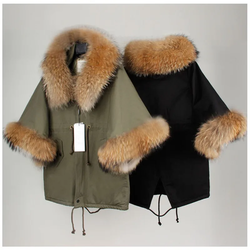 Women Winter Coat Jacket Raccoon Large Fur Collar Army Green Casual Overcoat Flare Sleeve Cloak Cotton-padded Outerwear