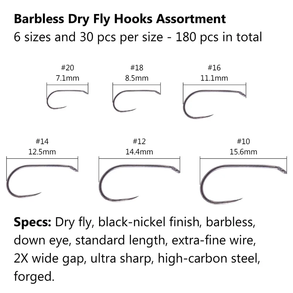 Bassdash Fly Fishing Hooks - 180 pcs Barbless Dry Fly Hooks, High Carbon Steel Hooks Assortment with A Free Fly Box