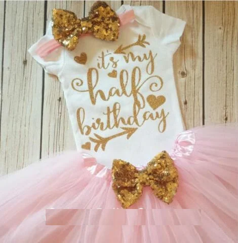 personalized half birthday infant bodysuit onepiece Tutu Dress romper Headband Outfit Sets baby shower New Year party favors