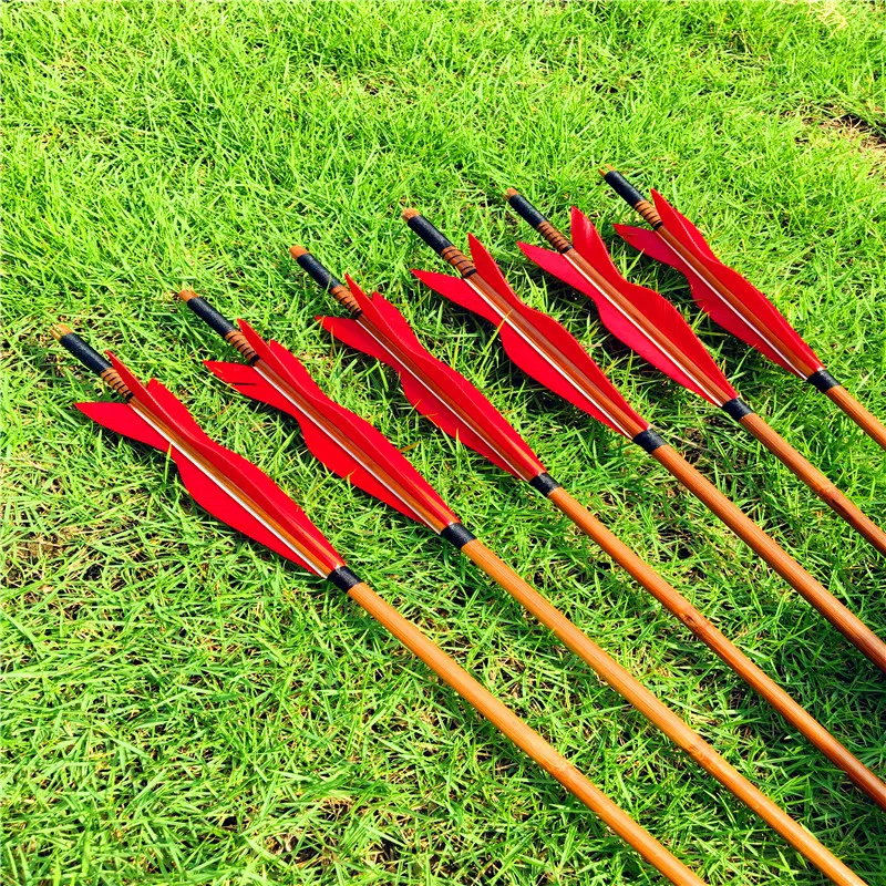 6/12/24 PCS  full red  bamboo arrows traditional archery arrows turkey feather natural material for hunting