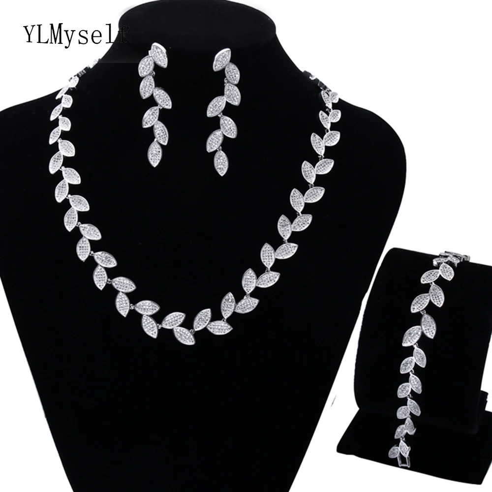 Trendy Necklace Earrings Bracelet 3pcs jewelry set for party CZ crystal High quality beautiful leaf jewelry sets