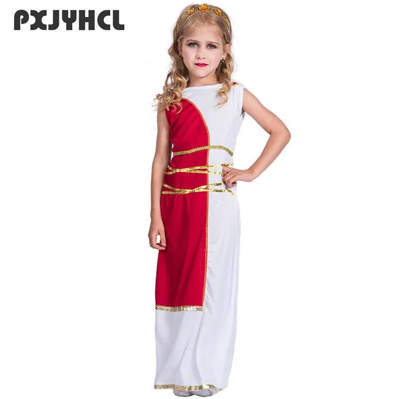 

Halloween Kid Fancy Greek Goddess Costumes Sleeveless Long Dress With Headwear Girl Party Cosplay Performance Roman Princess