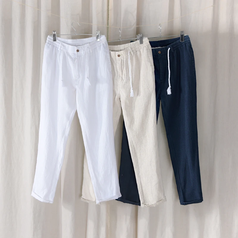 New Design Casual 100% Linen Long Pants Men Solid Fashion Brand Trousers For Men Elastic Waist Pantalones Pantaloni Un Pantalon