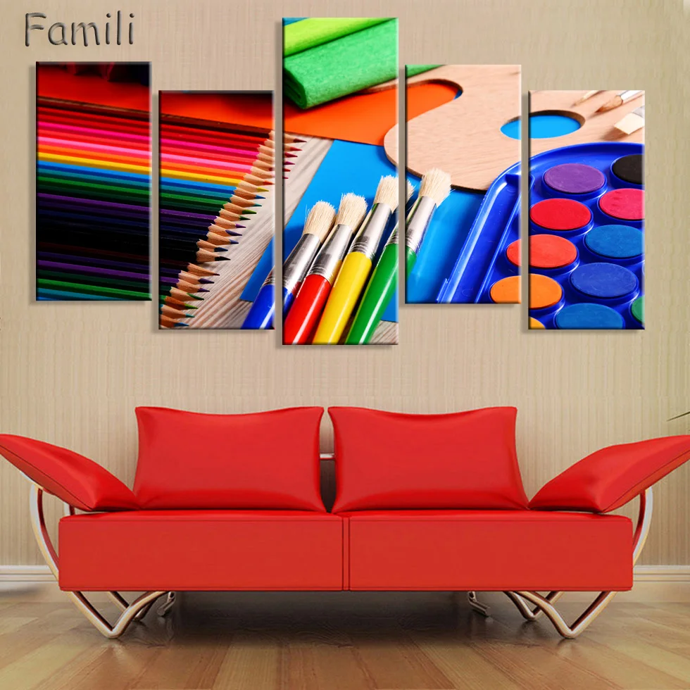 5Panel Colorful Pens Vintage Retro Posters & Prints Home Decoration 4 Sizes Large Oil Canvas Painting Modern Wall Art Picture