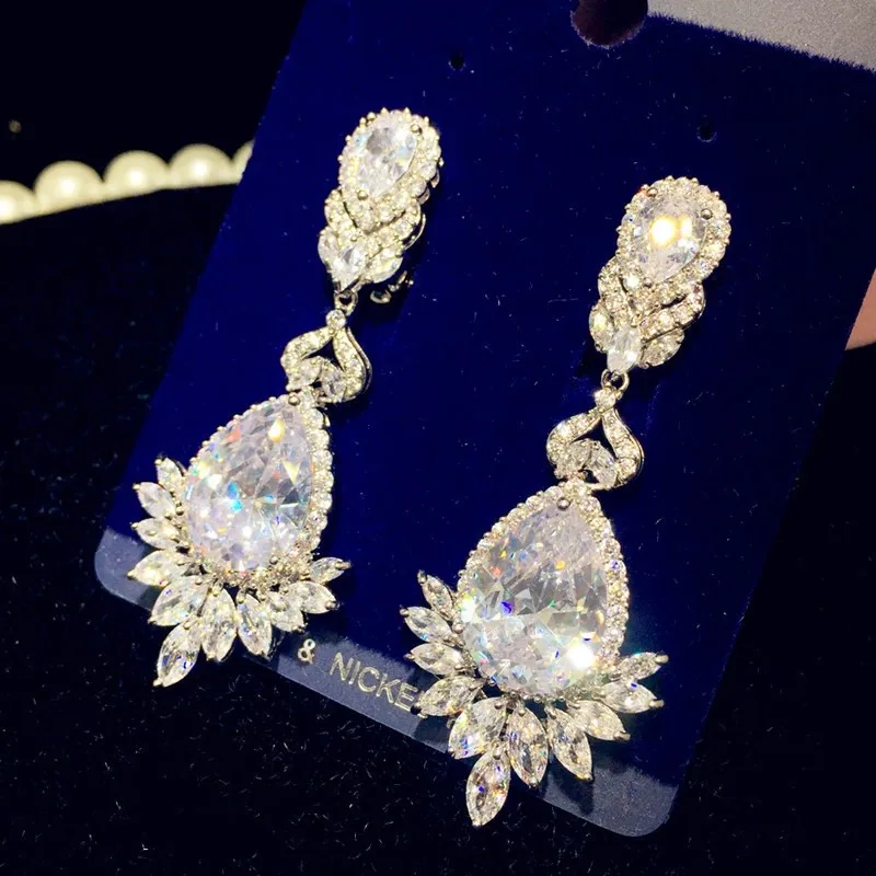 925 Drop Earrings For Women Luxury Water Drop Cubic Zirconia Long Earrings Bridal Wedding Engagement Gift Fine Jewelry