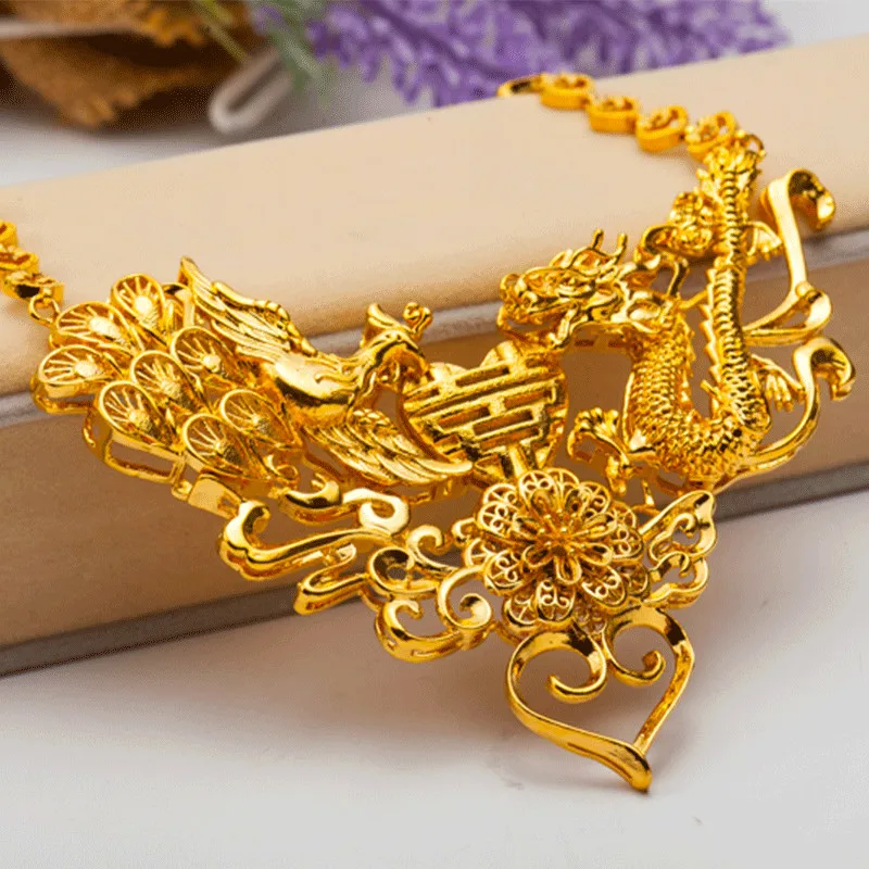 Vintage Yellow Gold Filled Dragon & Phoenix Pendant Necklace Womens Wedding Bridal Jewelry Gift