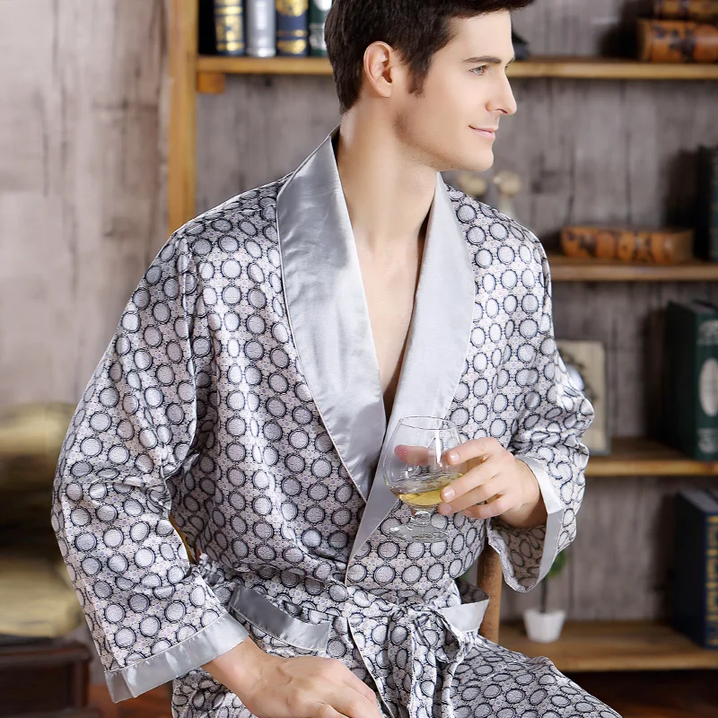 Men Silk long-sleeved Bathrobe Big Size 5XL kimono Home Bath Gown Male Printed Geometric Robes V-neck Satin Sleepwear Nightgown