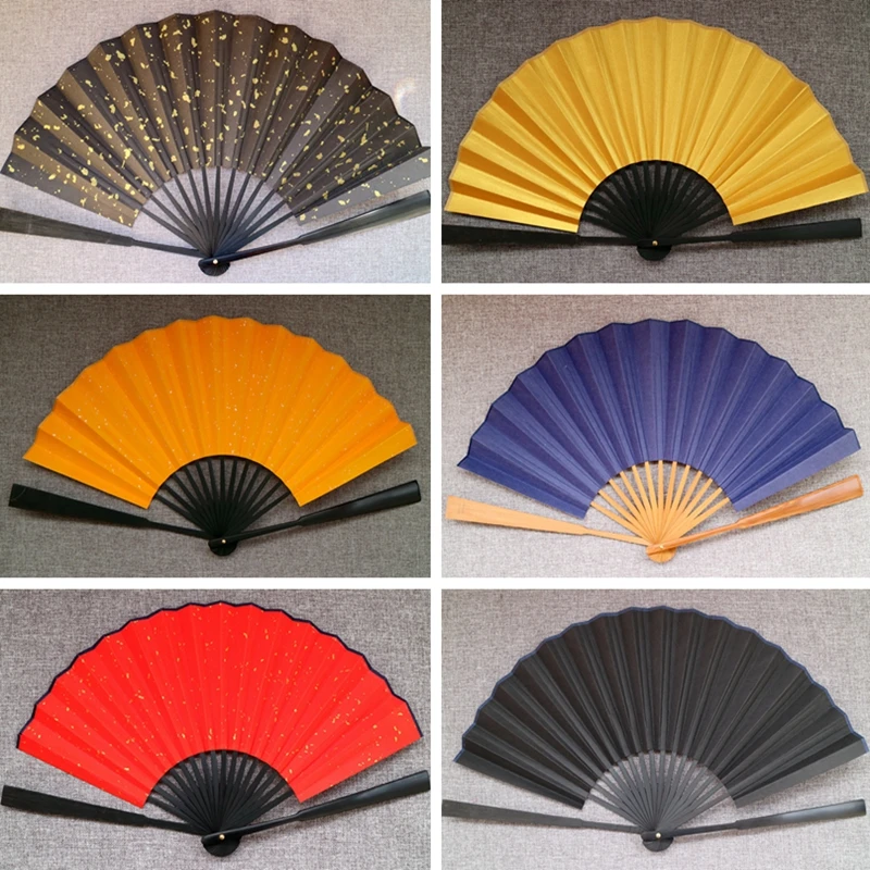 13 inch 10pcs Rice Paper Red Gold Fan Black Blue Adult Calligraphy DIY Wedding Program Hand Fans Chinese Big Bamboo Folding Fan