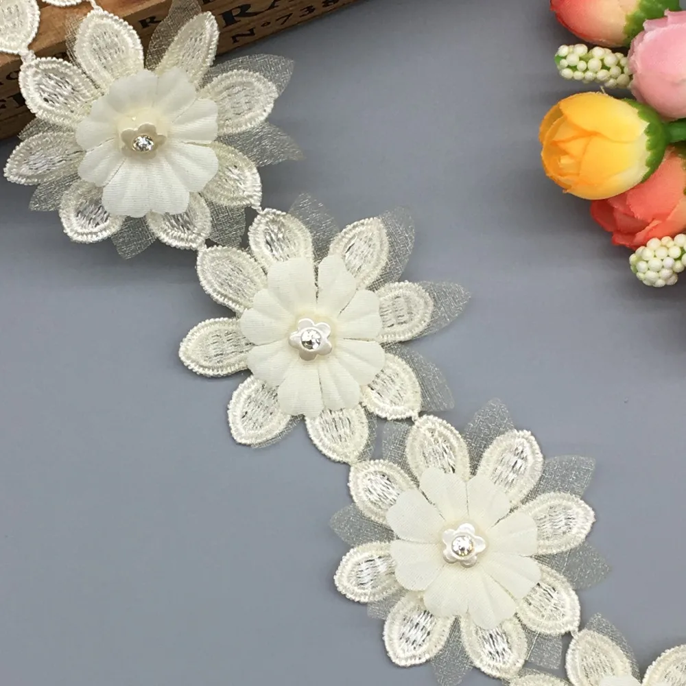 

1 Yard Apricot 3D Flower Diamond Embroidered Fabric Lace Trim Ribbon Handmade DIY Wedding Dress Sewing Crafts Costume Hat Decor