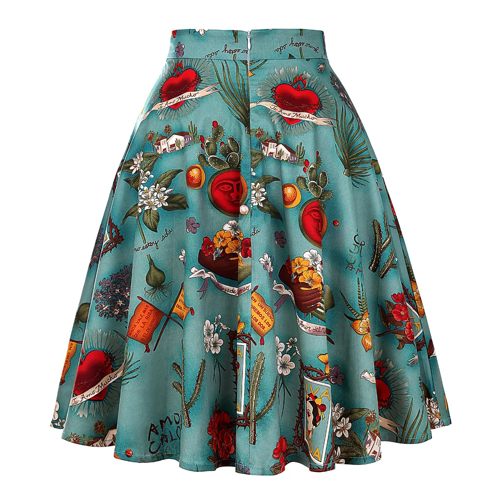 여성 A 라인 스윙 미디 스커트 런웨이 빈티지 블랙 Sundress 핀업 40s 50s 60s 코튼 하이 웨이스트 스쿨 데일리 로커 빌 리 스케이터